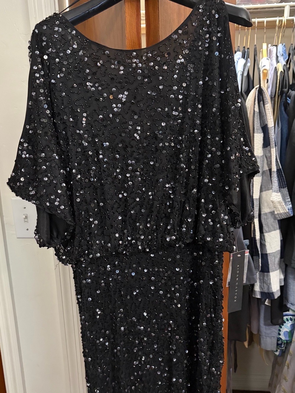 Aidan Mattox Black Sequin Draped Evening Dress